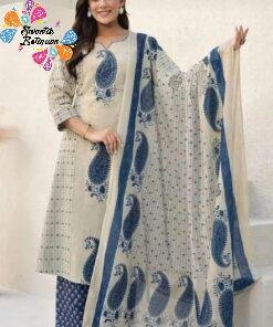 Floral Designer Beige And Blue Ready Made Shalwar Suit