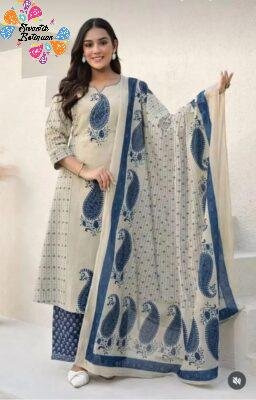 Floral Designer Beige And Blue Ready Made Shalwar Suit