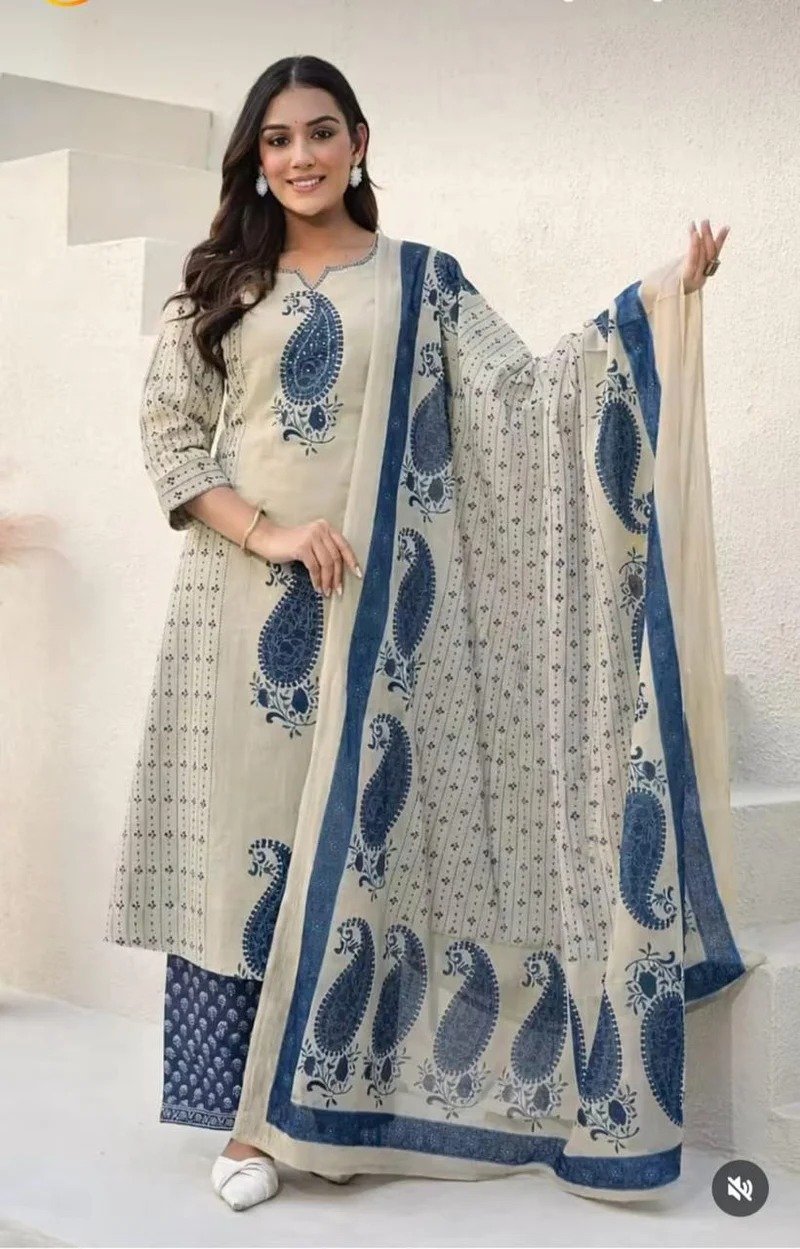 Floral Designer Beige And Blue Ready Made Shalwar Suit Floral Designer Beige And Blue Ready Made Shalwar Suit