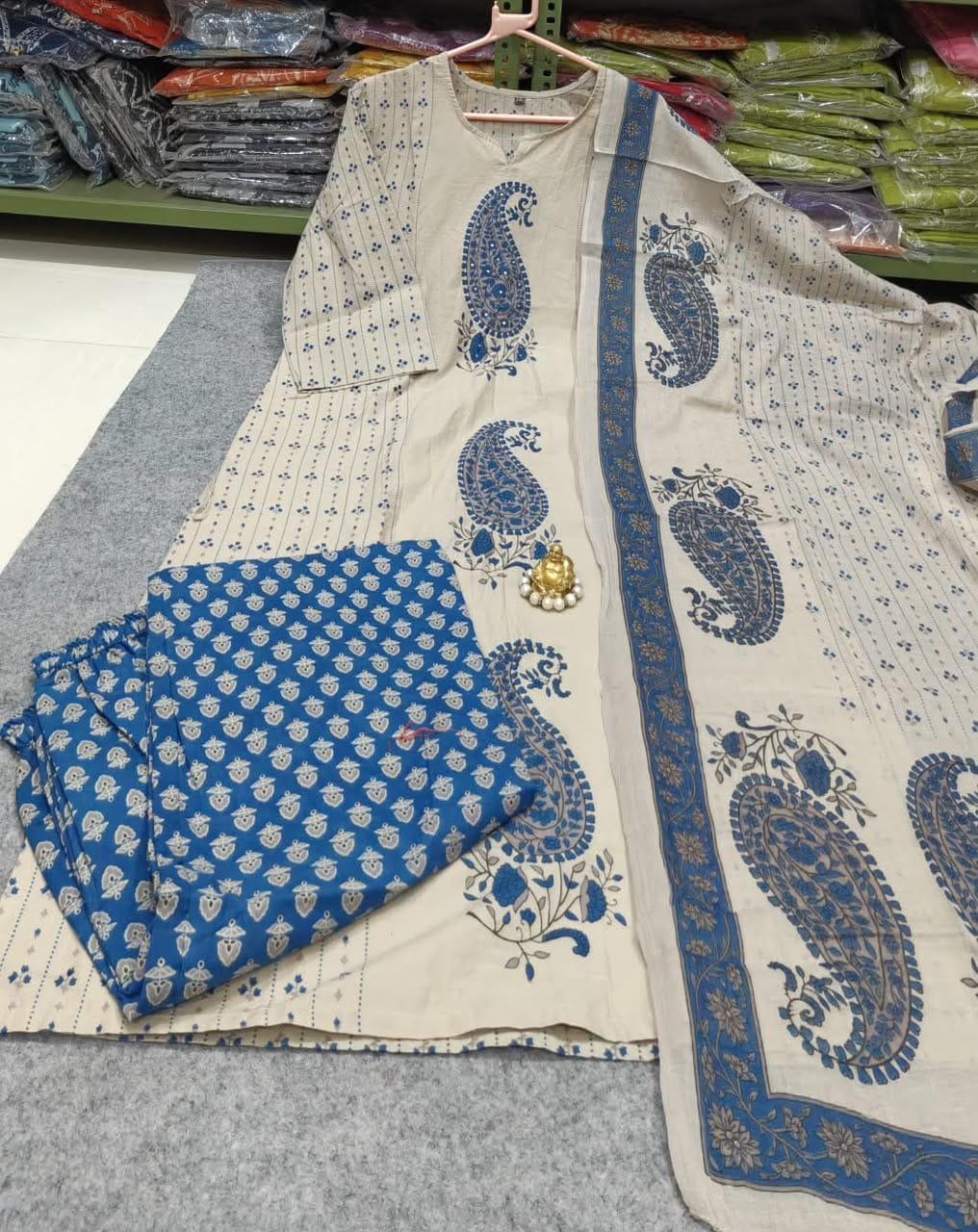 Floral Designer Beige And Blue Ready Made Shalwar Suit Floral Designer Beige And Blue Ready Made Shalwar Suit - Image 6
