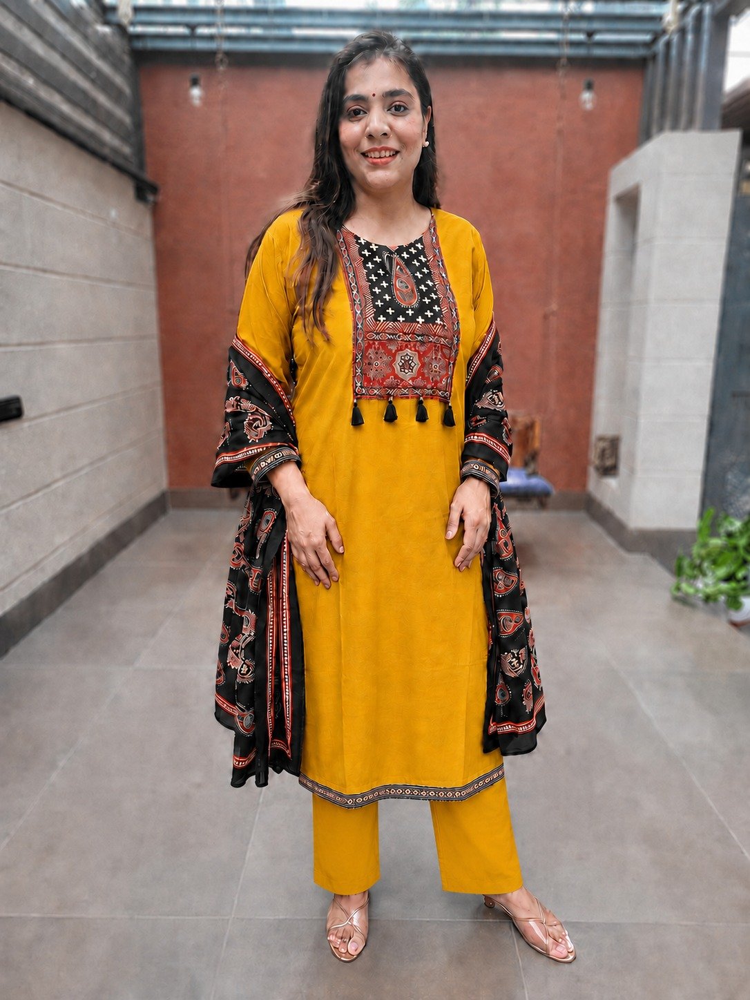 Floral Designer Yellow And Black Ready Made Shalwar Suit Floral Designer Yellow And Black Ready Made Shalwar Suit - Image 2