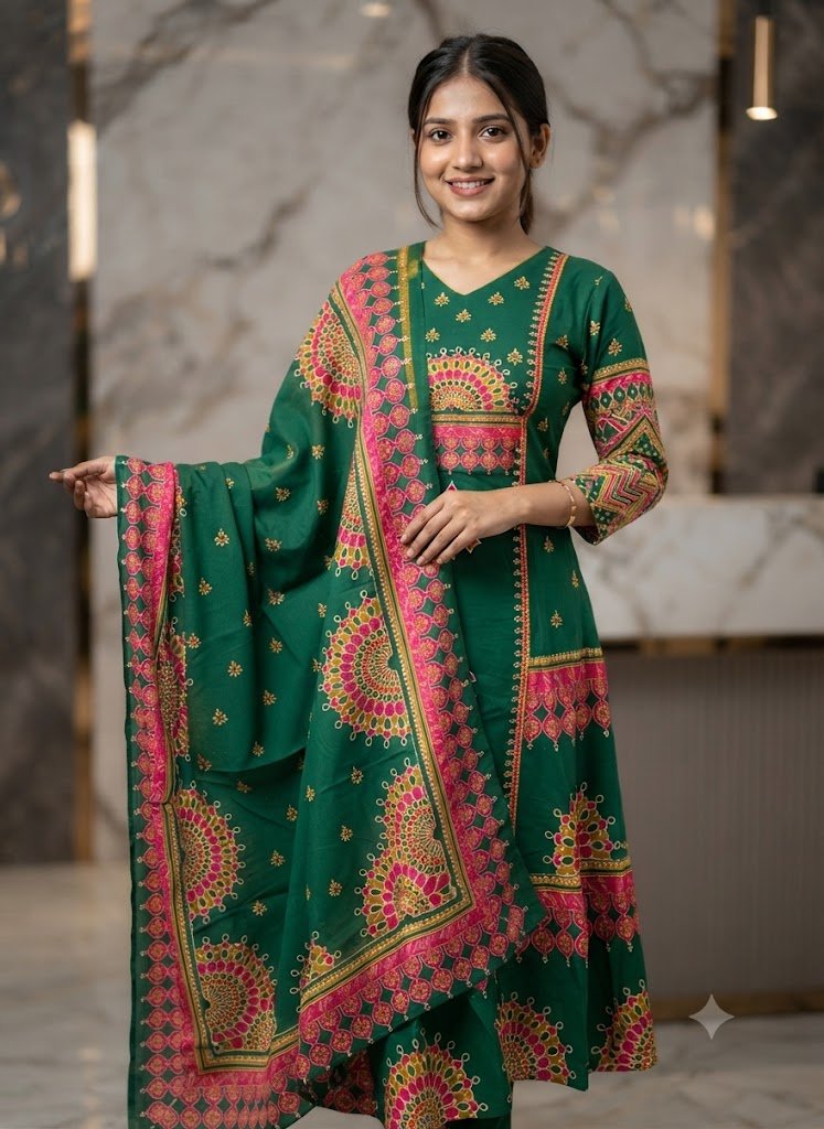 Floral Designer Dark Green Ready Made Shalwar Suit Floral Designer Dark Green Ready Made Shalwar Suit - Image 6