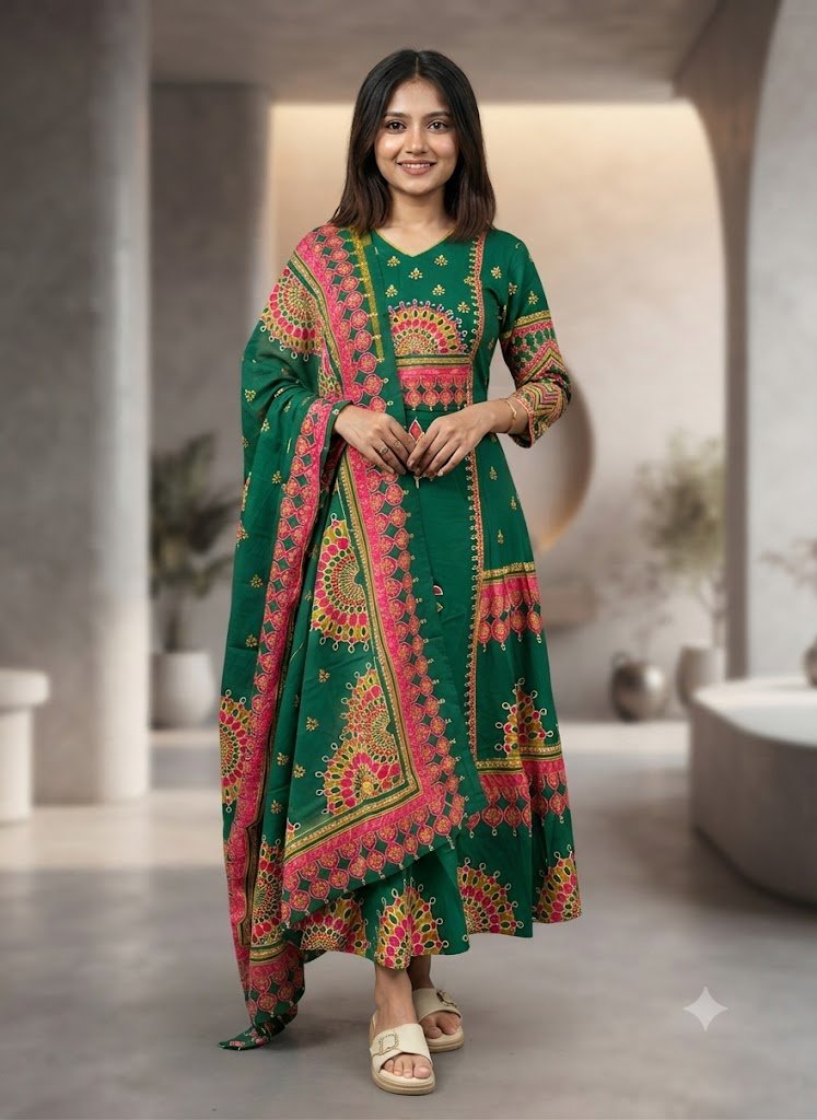 Floral Designer Dark Green Ready Made Shalwar Suit Floral Designer Dark Green Ready Made Shalwar Suit - Image 3