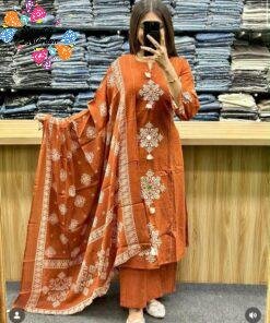 Flower Designer Rust Orange Ready Made Shalwar Suit