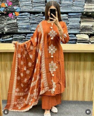 Flower Designer Rust Orange Ready Made Shalwar Suit