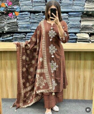 Flower Designer Rust Brown Ready Made Shalwar Suit
