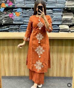 Flower Designer Rust Orange Ready Made Shalwar Suit