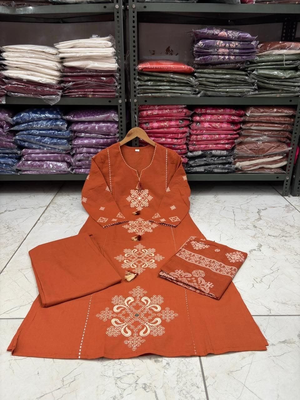 Flower Designer Rust Orange Ready Made Shalwar Suit Flower Designer Rust Orange Ready Made Shalwar Suit - Image 8