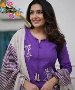 Warli Style Tribal Embroidery Designer Deep Aubergine Purple And White Ready Made Shalwar Suit Warli Style Tribal Embroidery Designer Deep Aubergine Purple And White Ready Made Shalwar Suit