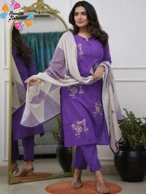 Warli Style Tribal Embroidery Designer Deep Aubergine Purple And White Ready Made Shalwar Suit