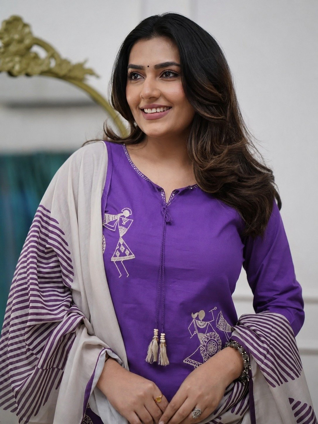Warli Style Tribal Embroidery Designer Deep Aubergine Purple And White Ready Made Shalwar Suit Warli Style Tribal Embroidery Designer Deep Aubergine Purple And White Ready Made Shalwar Suit - Image 2
