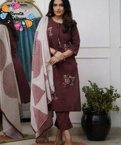 Warli Style Tribal Embroidery Designer Maroon And White Ready Made Shalwar Suit