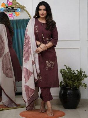 Warli Style Tribal Embroidery Designer Maroon And White Ready Made Shalwar Suit