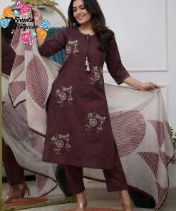 Warli Style Tribal Embroidery Designer Maroon And White Ready Made Shalwar Suit Warli Style Tribal Embroidery Designer Maroon And White Ready Made Shalwar Suit