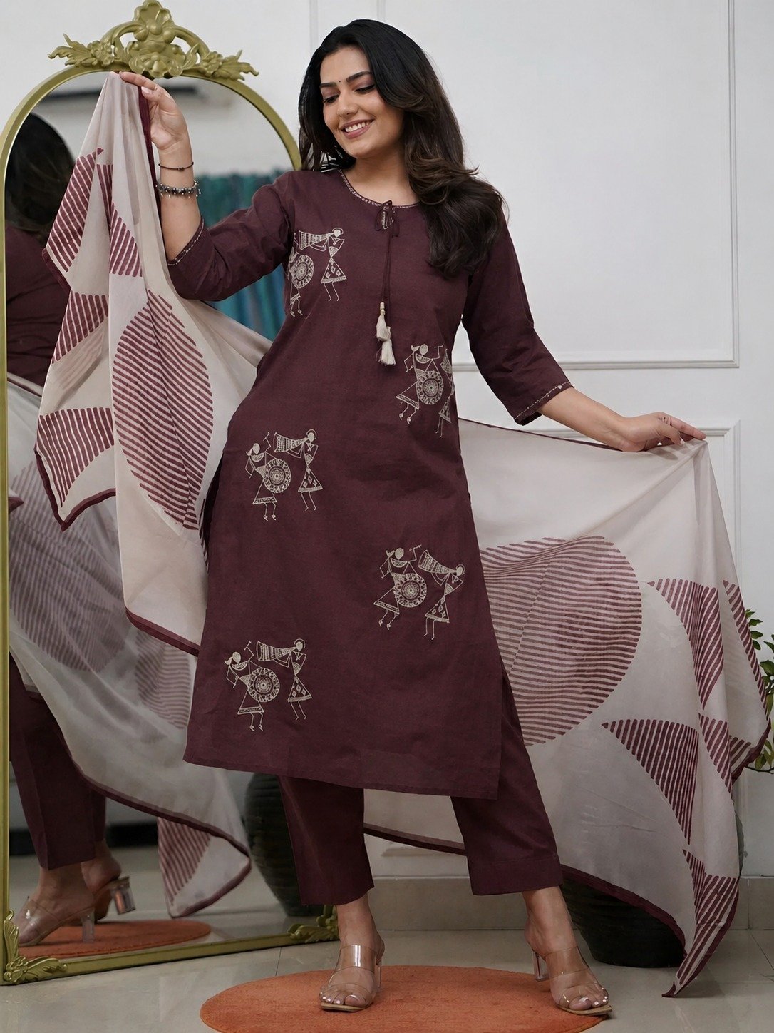 Warli Style Tribal Embroidery Designer Maroon And White Ready Made Shalwar Suit Warli Style Tribal Embroidery Designer Maroon And White Ready Made Shalwar Suit - Image 2