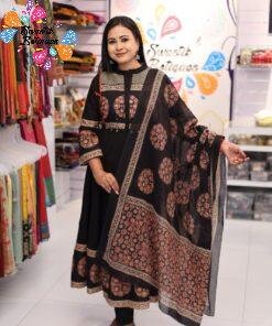 Floral Designer Black And Rust Red Ready Made Shalwar Suit