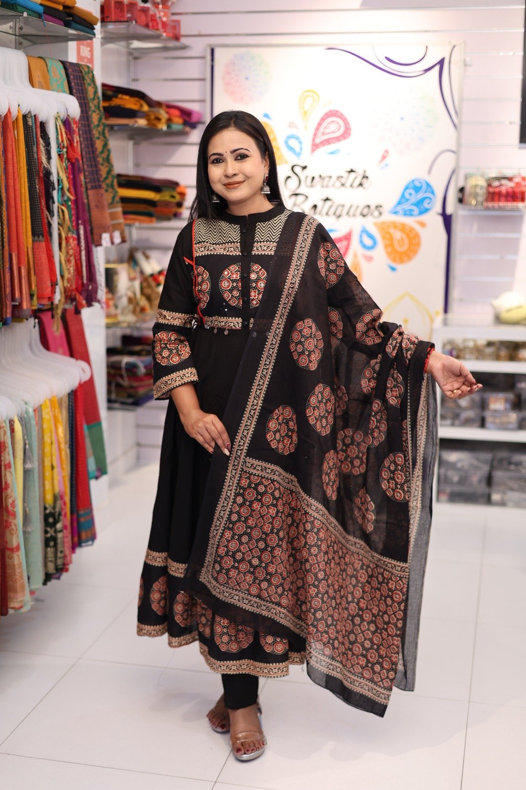 Floral Designer Black And Rust Red Ready Made Shalwar Suit Floral Designer Black And Rust Red Ready Made Shalwar Suit