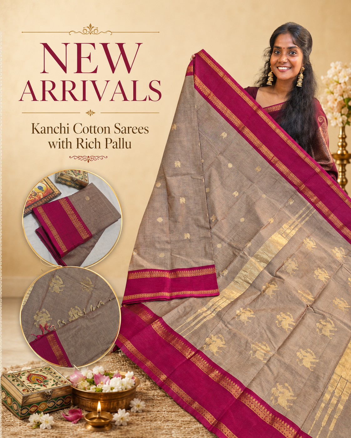 Premium Mushroom Taupe With Deep Rani Pink Antique Gold Zari Border Kanchi Cotton Saree with Rich Pallu Kanchi Cotton