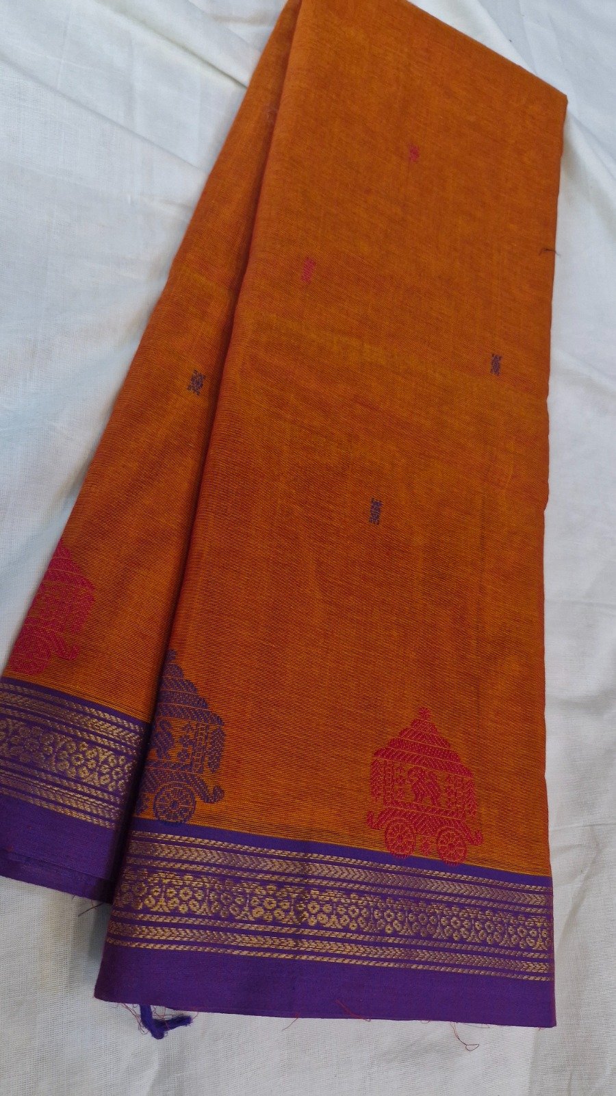 Temple Chariot Motifs Designer Rust Orange And Purple Border Premium Kanchi Cotton Saree with Rich Pallu Temple Chariot Motifs Designer Rust Orange And Purple Border Premium Kanchi Cotton Saree with Rich Pallu - Image 2