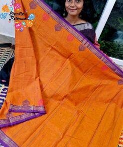 Temple Chariot Motifs Designer Rust Orange And Purple Border Premium Kanchi Cotton Saree with Rich Pallu Temple Chariot Motifs Designer Rust Orange And Purple Border Premium Kanchi Cotton Saree with Rich Pallu