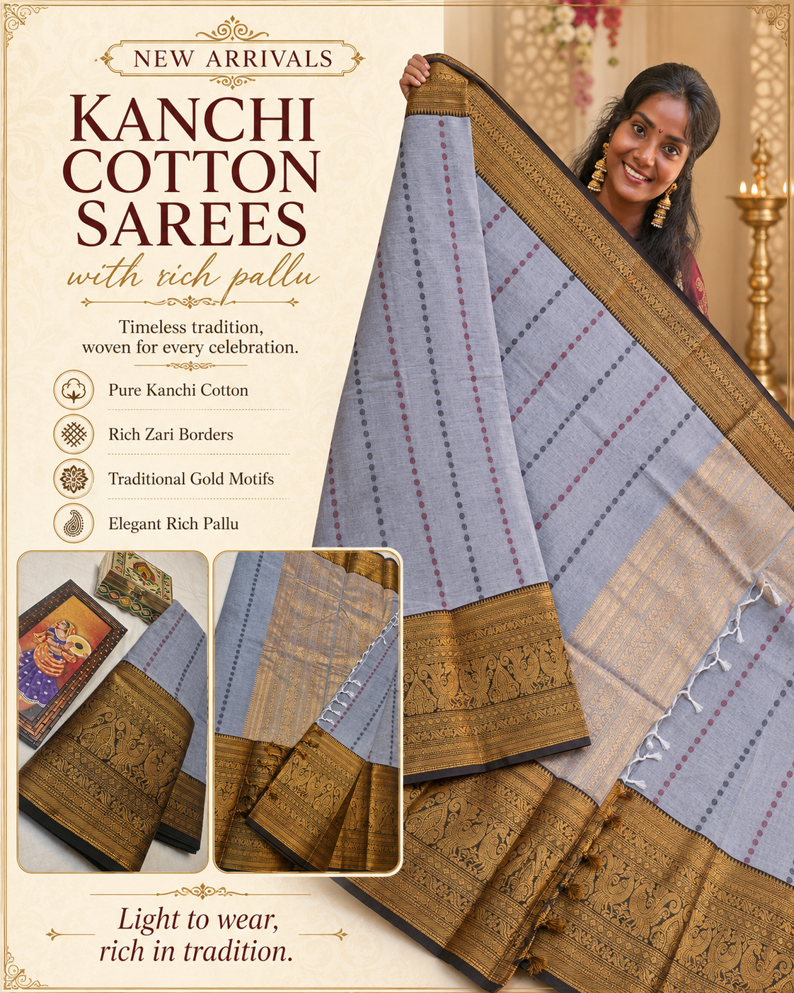 Premium Ash Grey Kanchi Cotton Saree with Deep Charcoal Black Big Border And Rich Pallu Kanchi Cotton