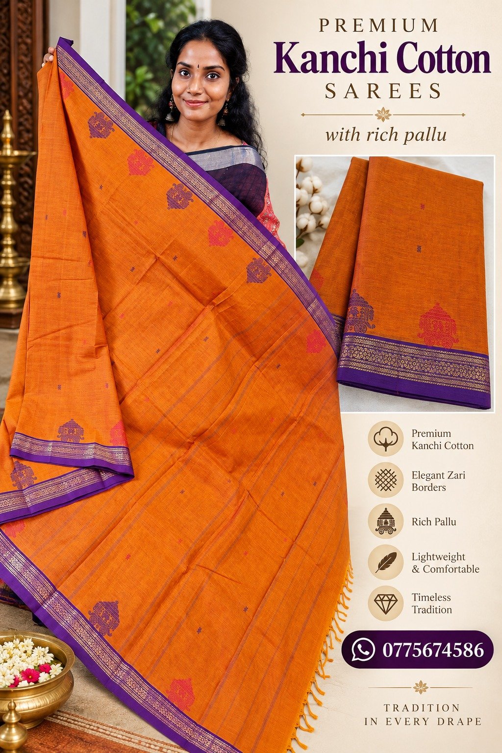 Temple Chariot Motifs Designer Rust Orange And Purple Border Premium Kanchi Cotton Saree with Rich Pallu Temple Chariot Motifs Designer Rust Orange And Purple Border Premium Kanchi Cotton Saree with Rich Pallu