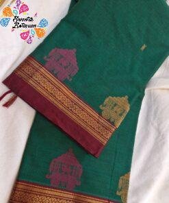 Alternative view of Temple Chariot Motifs Designer Green And Maroon Border Premium Kanchi Cotton Saree with Rich Pallu