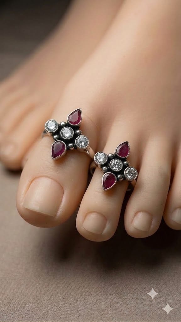 Pink And White Stone Mixed Oxidised Toe Rings Pink And White Stone Mixed Oxidised Toe Rings