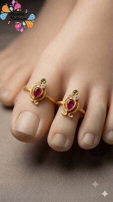 Pink With White And Green Stone Mixed Oxidized Gold Toe Rings