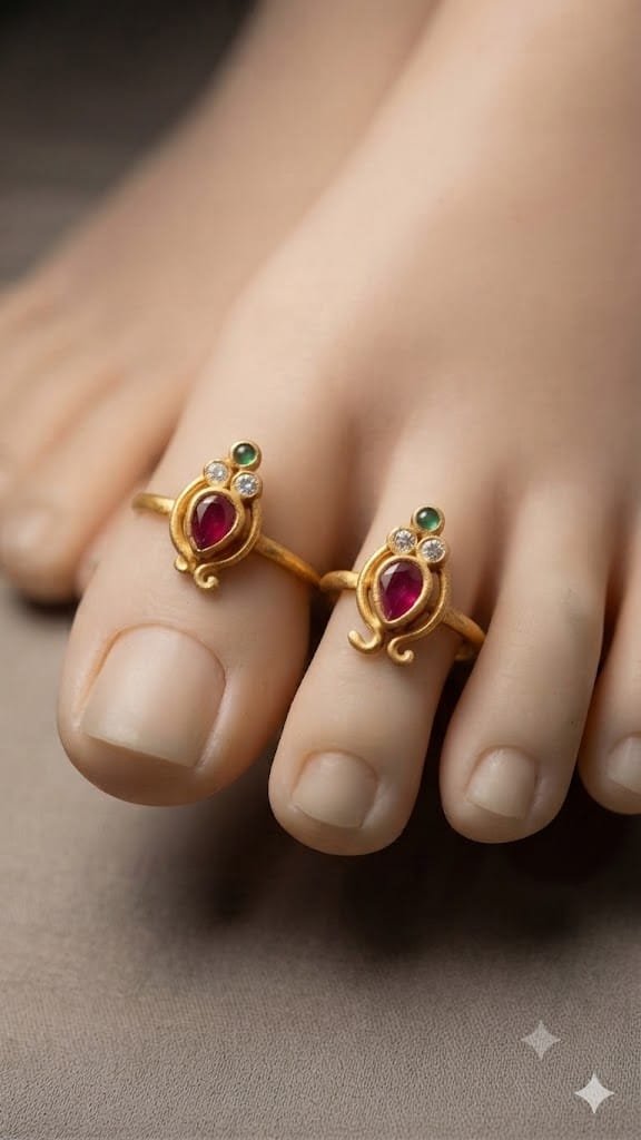Pink With White And Green Stone Mixed Oxidized Gold Toe Rings Pink With White And Green Stone Mixed Oxidized Gold Toe Rings