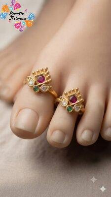 Pink With White And Green Stone Mixed Oxidized  Gold Toe Rings