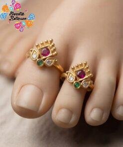 Pink With White And Green Stone Mixed Oxidized Toe Rings