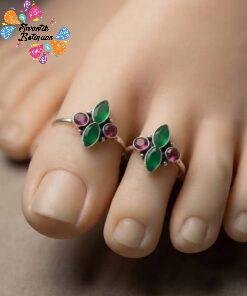 Green And Pink Stone Mixed Oxidized Toe Rings
