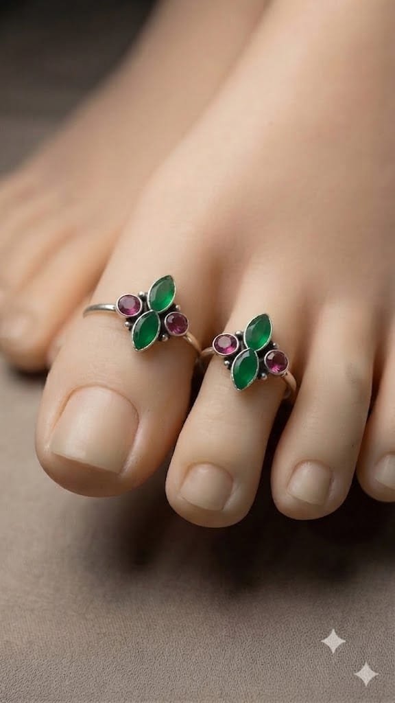 Green And Pink Stone Mixed Oxidized Toe Rings Green And Pink Stone Mixed Oxidized Toe Rings