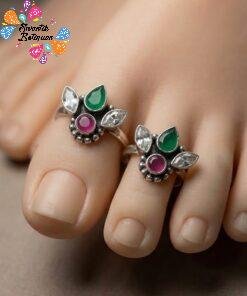 Flower Designer Green And White With Pink Stone Mixed Oxidised Toe Rings