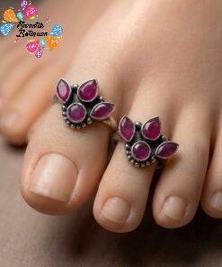 Flower Designer Pink Stone Oxidised Toe Rings
