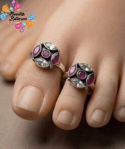 Pink And White Stone Mixed Oxidized Toe Rings