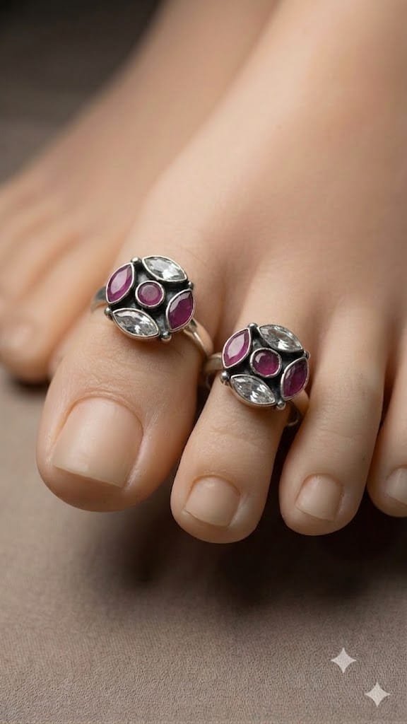 Pink And White Stone Mixed Oxidized Toe Rings Pink And White Stone Mixed Oxidized Toe Rings