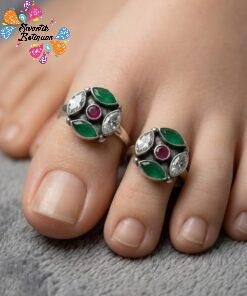 Green With Pink And White Stone Mixed Oxidized Toe Rings