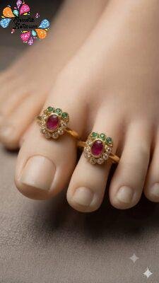 Pink With White And Green Stone Mixed Oxidized Gold Toe Rings