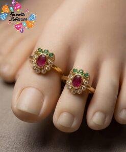 Pink With White And Green Stone Mixed Oxidized Gold Toe Rings