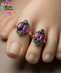 Green And Pink Stone Mixed Oxidised Toe Rings