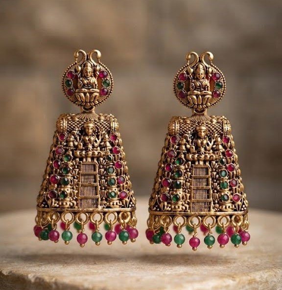 Kopuram Designer Oxidised Gold Jhumkha Kopuram Designer Oxidised Gold Jhumkha - Image 2