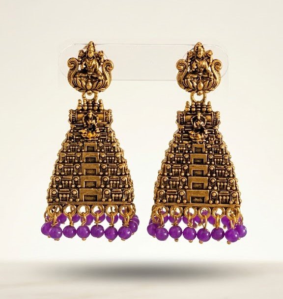 Purple Pearl With Kopuram Designer Oxidised Gold Jhumkha Purple Pearl With Kopuram Designer Oxidised Gold Jhumkha - Image 2