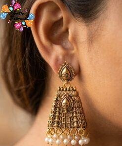 White Pearl With Kopuram Designer Oxidised Gold Jhumkha
