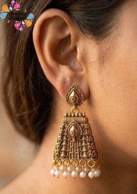 White Pearl With Kopuram Designer Oxidised Gold Jhumkha