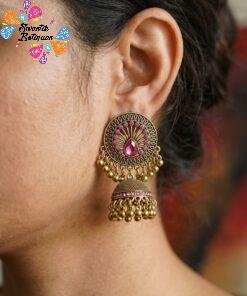Pink Stone With Flower Designer Oxidised Gold Jhumkha
