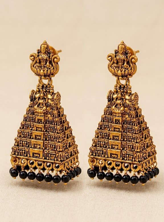 Black Pearl With Kopuram Designer Oxidised Gold Jhumkha Black Pearl With Kopuram Designer Oxidised Gold Jhumkha - Image 2