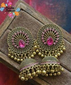 Pink Stone With Flower Designer Oxidised Gold Jhumkha Pink Stone With Flower Designer Oxidised Gold Jhumkha