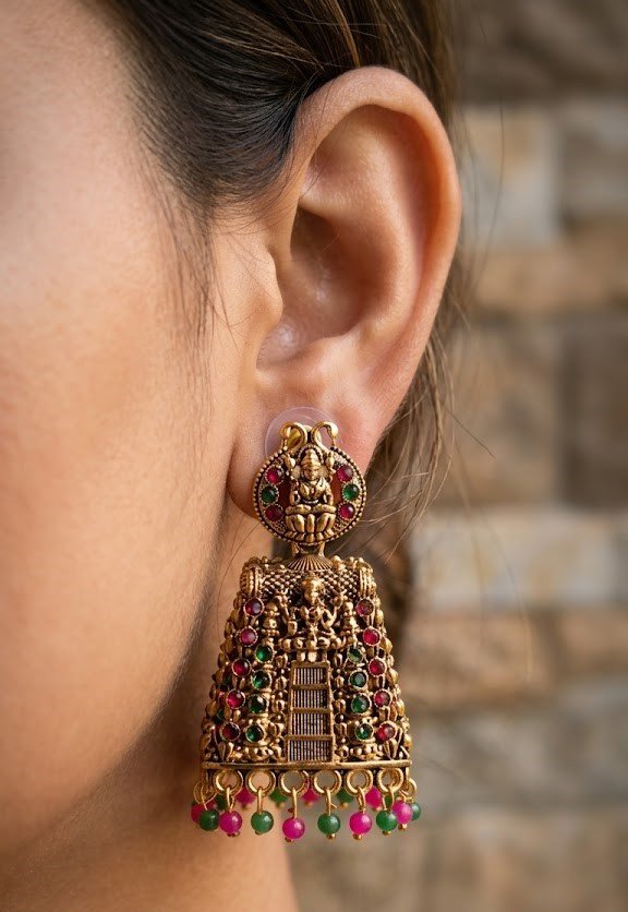 Kopuram Designer Oxidised Gold Jhumkha Kopuram Designer Oxidised Gold Jhumkha